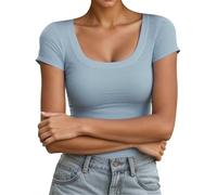 Generico Maglietta da Donna Maniche Corte, Camicia Donna Curvy,Maniche Corte Girocollo Maglia Coste Aderente Casual Comoda Tutti Giorni Tempo Libero Tee Blusa Maglia Top
