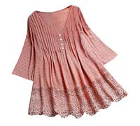 Generico Maglietta Donna Elegante, Tshirt Donna Cotone,Camicetta con Scollo a V e Maniche Tre Quarti in Delicato Pizzo Elegante per Occasioni Speciali T Shirt Magliettas T-Shirt