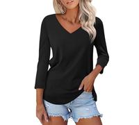 Generico Maglietta Donna Eleganti Casual Oversize Estive Firmate Tee Top Scollo a V Elegante Comoda Leggera T Shirt Basic Curvy Vintage Tee Bluse Maniche 3/4 Cotone Bianca Larghe Maglietta da Donna