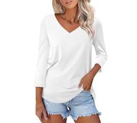 Generico Maglietta Donna Eleganti Casual Oversize Estive Firmate Tee Top Scollo a V Elegante Comoda Leggera T Shirt Basic Curvy Vintage Tee Bluse Maniche 3/4 Cotone Bianca Larghe Maglietta da Donna