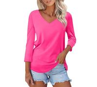 Generico Maglietta Donna Eleganti Casual Oversize Estive Firmate Tee Top Scollo a V Elegante Comoda Leggera T Shirt Basic Curvy Vintage Tee Bluse Maniche 3/4 Cotone Bianca Larghe Maglietta da Donna