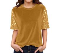 Generico Maglietta Donna Maniche Corte a Collo Tondo con Applique di Paillettes Look Brillante e Casual Perfetta per l'Uso Quotidiano Maglietta Donna Elegante e Festiva(Yellow, M)