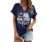 Generico Maglietta Donna Stampa Natalizia I Like Them Real Thick And Sprucy Scollo a V Loose Fit Comoda Blusa(Navy, XXL)