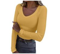 Generico Maglietta Manica Lunga Donna, Maglia Maglietta Termica Gialla Donna Manica Lunga Elegante Intima Termico Girocollo Traspirante T-Shirt Top Sottogiacca Slim Fit Y2k Basic Elasticizzata