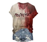 Generico Maglietta Problem Solved, Sangue Finto Camicia Terribile Top Casual T Shirt Donna Divertenti Insanguinata di Halloween Camicia Ampia a Maniche Corte Maglietta con Stampa di Halloween