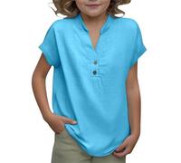 Generico Maglietta Ragazza Ragazzo Estivi Camicia in Lino a Maniche Corta Scollo a V con Bottoni Camicie Tinta Unita Comodo e Traspirante Bluse Tops per Bambini 4-14 Anni (Sky Blue, 11-12 Years)