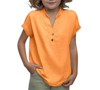 Generico Maglietta Ragazza Ragazzo Estivi Camicia in Lino a Maniche Corta Scollo a V con Bottoni Camicie Tinta Unita Comodo e Traspirante Bluse Tops per Bambini 4-14 Anni (Orange, 5-6 Years)