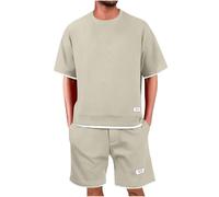 Generico Maglietta Uomo Estiva Completa Eleganti Due Pezzi Waffle Maglietta a Maniche Corte + Pantaloni Corti Largo Set Casual in Cotone Morbido e Comodi Completo da Ginnastica con Scollo Tondo