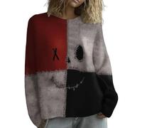 Genérico Maglione di Halloween per le Donne di Design a Blocchi di Colori Maglione Maglia Casual con Faccia Paura Felpa Multicolore per la Stagione Autunno, F rosso, L