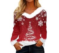 Generico Maglione Donna Natale a Maniche Lunghe Tshirt Brutti con Scollo a V Felpe Divertente Abbigliamento Maglioni Elegante Maglioncino di Maglietta Maglia Natalizio Rosso L