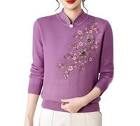 Generico Maglione Lavorato A Maglia per Donne Anziane E di Mezza età, Collo Alto, Maniche Lunghe, Elegante Maglione da Vecchia Signora, Foderato in Pile Vintage, Felpe con Ricamo Floreale, Viola L