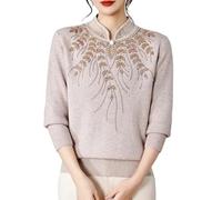 Generico Maglione Lavorato A Maglia per Donne Anziane E di Mezza età, Foderato in Pile, A Maniche Lunghe, con Collo Alto, Morbido Pullover Autunno Inverno, Felpa con Stampa Vegetale, Marrone Chiaro L