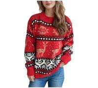 Generico Maglione Natalizio Donna Felpa Natale Donna Maglione Natalizio per Stare a casa Autunno Invernale Jacquard Color Block Collo Tondo Rosso Manica Lunga Righe