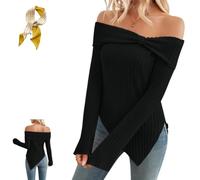 Generico Maglioni Lavorati a Maglia con Fiocco e Spalle Scoperte da Donna,Womens Cute Bow off Shoulder Knitted Sweater Tops,Aderenti Asimmetrici,Coste con Spacchi Laterali Sexy e Maniche Lunghe