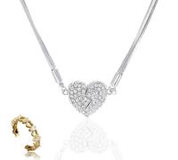 Generico Magnetic Love Patchwork Necklace, Double-Sided Wearing Diamond-Set Love Pendant, Creative Magnet Couples Necklace, Elegant Three-Layer Heart Chain for Women (Silver)
