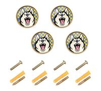 Generico Maniglie e pomelli per mobili a forma di cane Siberian Husky a scacchi blu e giallo, pomelli per cassettiera Boho, oro, 1,26 pollici (32 mm) per porta dell'armadio, confezione da 4