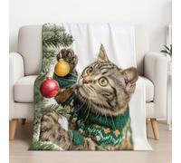 Generico Marrone Verde Coperta Sherpa Illustrazione Tema Natalizio Albero di Natale Gatto Plaid Divano soffice, Coperta in Pile Calda Super Morbida Blankets da tiro per Divano Letto TV 220cm x 240cm
