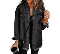 Generico Meditatem Denim Jacket, 2025 Casual Denim Button Down Distressed Jacket, Oversized Up Frayed Hem Shacket (Black,S)