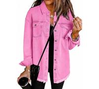 Generico Meditatem Denim Jacket, 2025 Casual Denim Button Down Distressed Jacket, Oversized Up Frayed Hem Shacket (rose red,XXL)