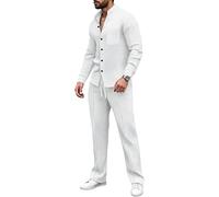 Generico Men’s Casual Waffle Shirt Pants 2-Piece Set Stand Collar Long Sleeve Top Drawstring Pants Lounge Outfit
