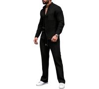 Generico Men’s Casual Waffle Shirt Pants 2-Piece Set Stand Collar Long Sleeve Top Drawstring Pants Lounge Outfit