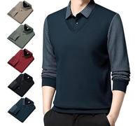 Generico Men's Faux Two Piece Striped Lapel Long-Sleeve Top, Business Casual Polo Top Knitted Sweater (Dark Blue,XL)