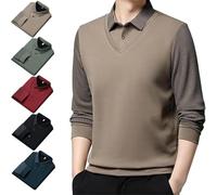 Generico Men's Faux Two Piece Striped Lapel Long-Sleeve Top, Business Casual Polo Top Knitted Sweater (Khaki,4XL)