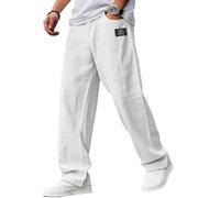 Generico Mens Pants, Men's Casual Hemp Fabric Embroidered Logo Drawstring Loose Elastic Waist Pocket Trousers Classic (White,XL)