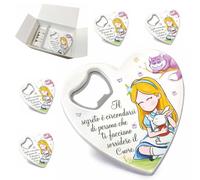 Generico Mi Piace Set 4 Bomboniere Stappa Bottiglie Cuore - Grafica Alice - con Scatola, Portaconfetti e 5 Confetti Mandorla Prima qualità - Idea Regalo Bambina