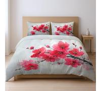 Generico Microfibra morbida spazzolata morbido protegge dal restringimento set di biancheria da letto, rosso Dipinto a inchiostro di ramo di fiori 135 * 200cm Adatto per la camera da letto