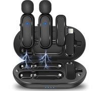 Generico Microfono Lavalier Wireless con Custodia, 2 Mic + Ricevitore Lightning per iPhone/iPad, Riduzione Rumore, 8h Autonomia, 20m Portata per Live Streaming TikTok Instagram Facebook Youtube