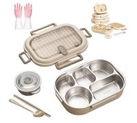 Generico Microwavable Stainless Steel Insulated Bento Box,Large capacity partition,Lunch Boxes with 3/4/5 Compartments With Soup Bowl,Spoon,Chopsticks (L(1500ml-5partitions))