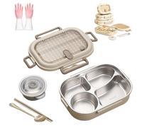 Generico Microwavable Stainless Steel Insulated Bento Box,Large capacity partition,Lunch Boxes with 3/4/5 Compartments With Soup Bowl,Spoon,Chopsticks (L(1500ml-4partitions))