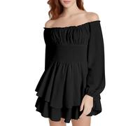 Generico Mini Abito da Donna con Maniche a Sbuffo E Spalle Scoperte, Scollo Quadrato, Increspato, Linea Svasata, Abito da Spiaggia Estivo con Punto Smock Modo