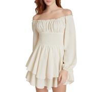Generico Mini Abito da Donna con Maniche a Sbuffo E Spalle Scoperte, Scollo Quadrato, Increspato, Linea Svasata, Abito da Spiaggia Estivo con Punto Smock Modo