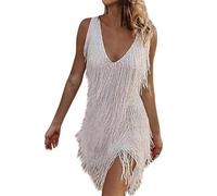 Generico Mini Abito da Donna con Paillettes Scintillanti - Abito Aderente Senza Maniche con Scollo A V E Frange con Nappe for Cocktail Party, Discoteche E Festival(White,4XL)