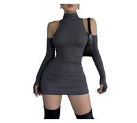 Generico Mini Abito Sexy Da Donna Manica Lunga Pieghettato Aderente Collo Alto Autunno Nero Lucido Elastico Partito Serbatoio Abiti Avvolgenti Club per feste, estate(L)