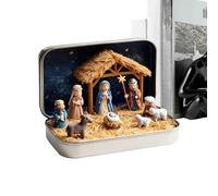 Generico Mini Nativity Set In A Tin Box - Desk Christmas Decor, Tabletop Religious Ornament, For Church Groups Collectors School Classroom Mantel Fireplace Living Room Bedroom Office Bookcase