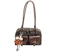 Generico Mini Vintage Tote Bag for Women, Elegant Stylish Multiple Pockets Underarm Purse, Simple Plaid Shoulder Bag with Pendant