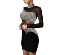 Generico Miniabito Aderente Patchwork in Pizzo Nero a Maniche Lunghe con Pannelli Trasparenti e Dettagli di Strass