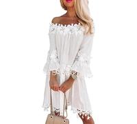 Generico Miniabito da Donna in Pizzo con Spalle Scoperte - Abito Boho con Maniche A Campana E Orlo Smerlato for La Spiaggia E Le Feste Estive(White,2XL)