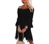 Generico Miniabito da Donna in Pizzo con Spalle Scoperte - Abito Boho con Maniche A Campana E Orlo Smerlato for La Spiaggia E Le Feste Estive(Black,L)