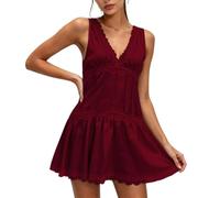 Generico Miniabito Sottoveste da Donna in Raso e Pizzo, Stile Y2K, Scollo a V, Orlo con Volant, Modello Babydoll Boho; Ideale per Il Tempo Libero, Appuntamenti e Vacanze. (Red,L)