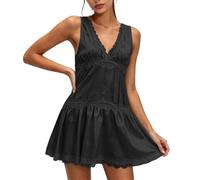 Generico Miniabito Sottoveste da Donna in Raso e Pizzo, Stile Y2K, Scollo a V, Orlo con Volant, Modello Babydoll Boho; Ideale per Il Tempo Libero, Appuntamenti e Vacanze. (Black,M)