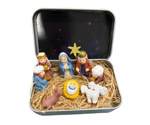 Generico Miniature Christmas Nativity Set In A Tin Box | Handcrafted Pocket Nativity Scene Gift Tin, Carry The Story Of Christmas With Resin Holy Family Sheep And Jesus Figurines For Friends