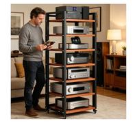 Generico Mobile Stereo Hi Fi Rack Hifi Mobiletto Portaoggetti Stereo Audio A 7 Ripiani,Supporto Multimediale AV Rack Con Ruote E Ripiano Regolabile,per Giradischi,Console(Teak)