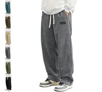 Generico Mokaloha Corduroy Pants, Men's Vintage Casual Embroidery Logo Tether Drawstring Loose Elastic Waist Pocket Trousers (Gray,XL)