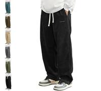Generico Mokaloha Corduroy Pants, Men's Vintage Casual Embroidery Logo Tether Drawstring Loose Elastic Waist Pocket Trousers (Black,L)