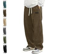 Generico Mokaloha Corduroy Pants, Men's Vintage Casual Embroidery Logo Tether Drawstring Loose Elastic Waist Pocket Trousers (Brown,XL)