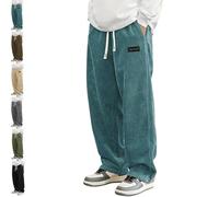 Generico Mokaloha Corduroy Pants, Men's Vintage Casual Embroidery Logo Tether Drawstring Loose Elastic Waist Pocket Trousers (Blue,L)